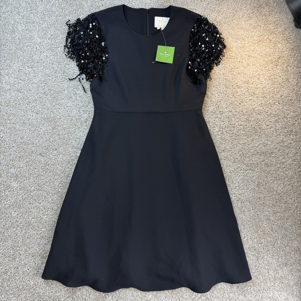Kate Spade New York Dress Womens 2 Black Sequin Fringe Short Sleeve Fit & Flare